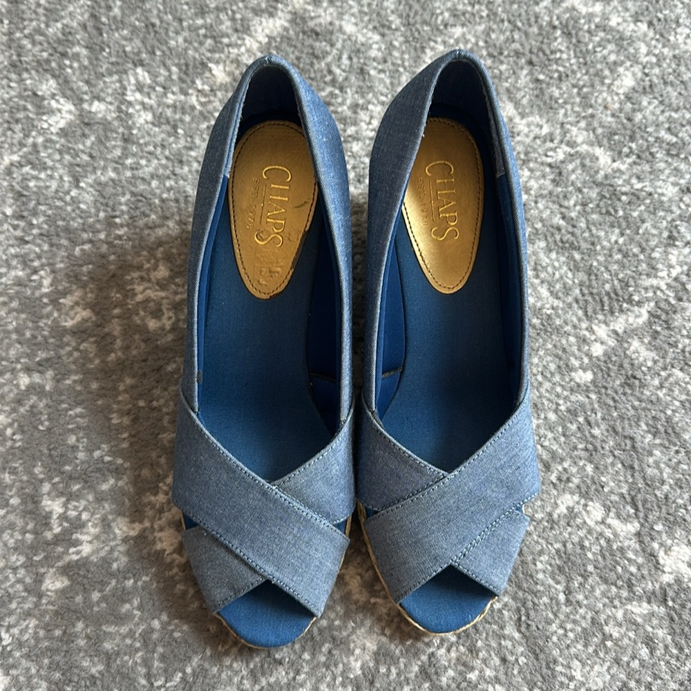 Chaps 💚 Blue and Tan Wedge Espadrilles - Picture 8 of 13